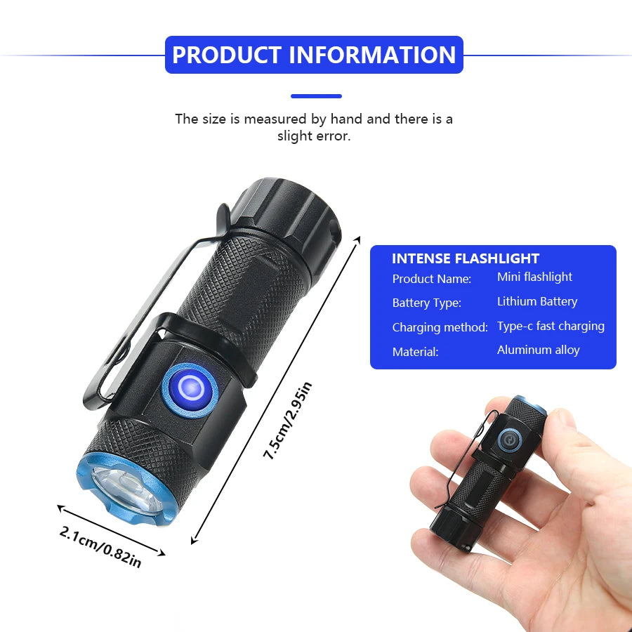 Ultra Bright Mini P50 LED Flashlight USB C Rechargeable Hat Clip Torch