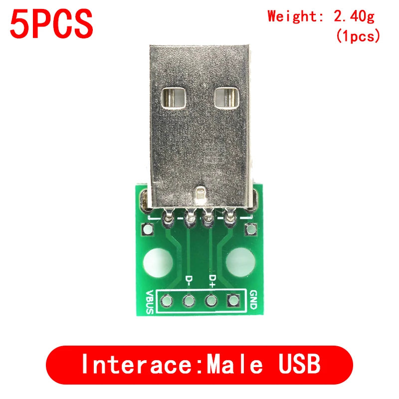 USB Male to DIP Adapter — Mini-B / Micro-B / Type-C / USB-A 2.0 / 3.0, PCB Breakout (2-Pack)