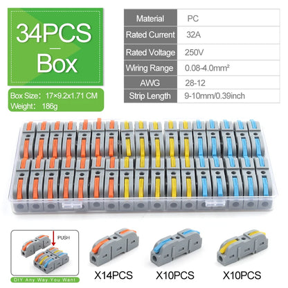 1 to 1 Inline Lever Wire Connector Kit Universal Compact Electrical Cable Terminal Block Spliceable Butt Junction 28-12 AWG