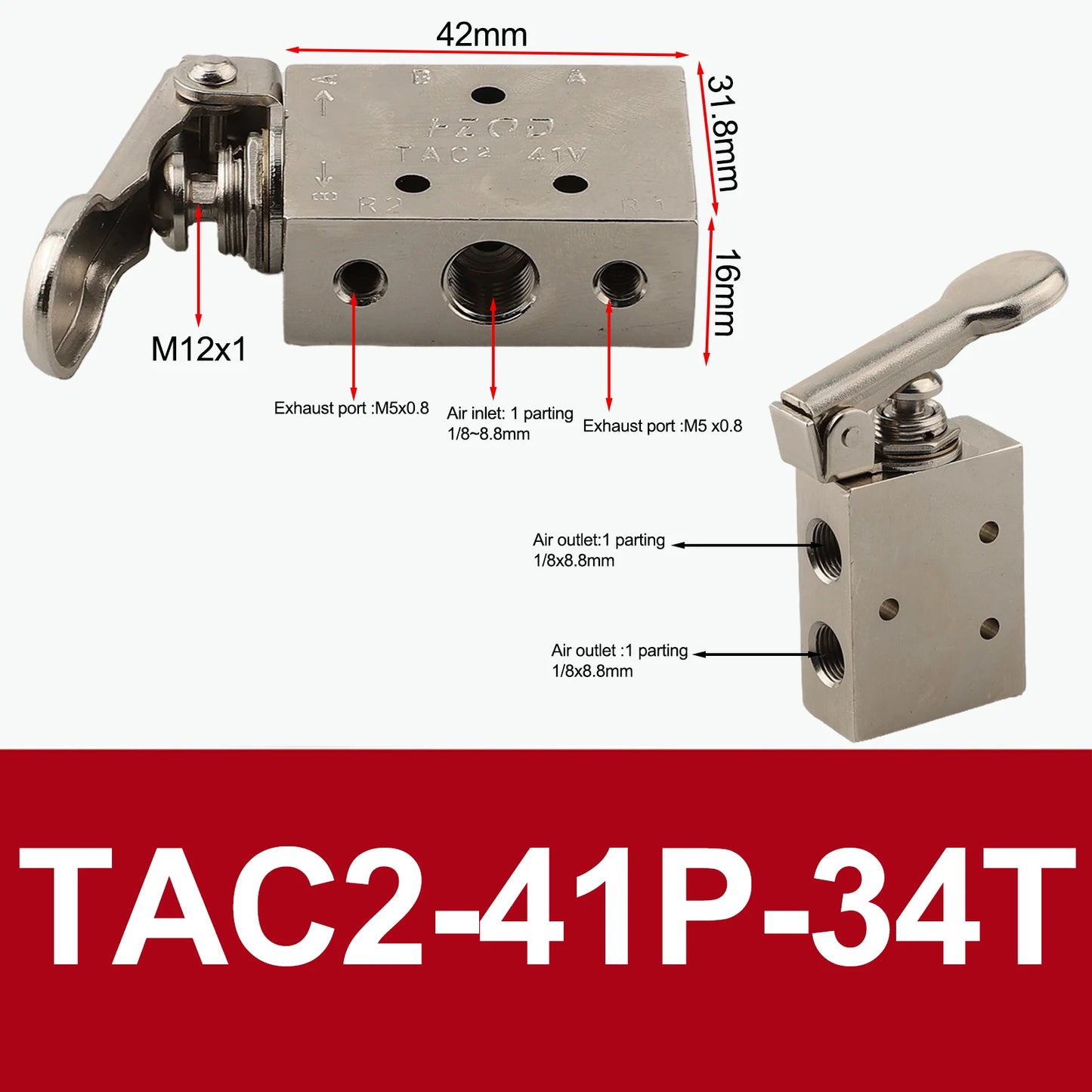 TAC2-41P+34T Pneumatic Valve 2 Position 3Way Mechanical Valve With 6mm Connector Pneumatic Switch Valve For Automatic Equipment