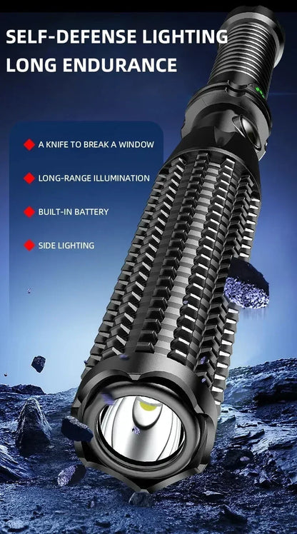 Outdoor USB rechargeable LED security patrol broken window 4modes strong light led flashlight for self-defense wolf tooth stick