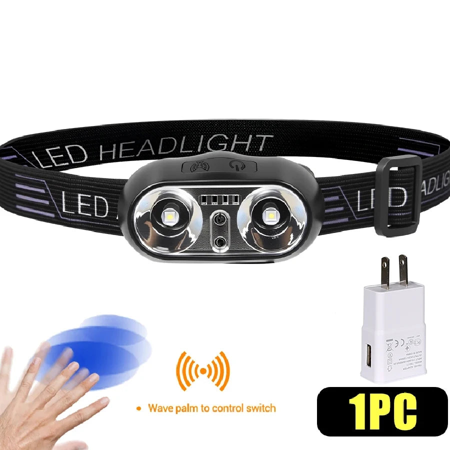 Portable Sensor HeadLamp USB Rechargeable Induction Headlight Front Light Torch for Camping Fishing Hiking Emergency Lantern