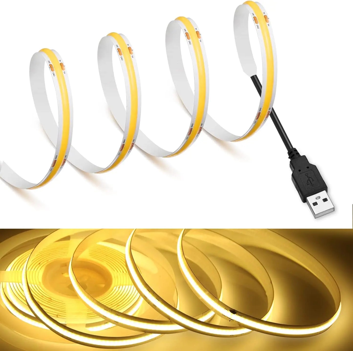 USB COB LED Strip Light 5V 320LED High Density Flexible Tape 1-5M