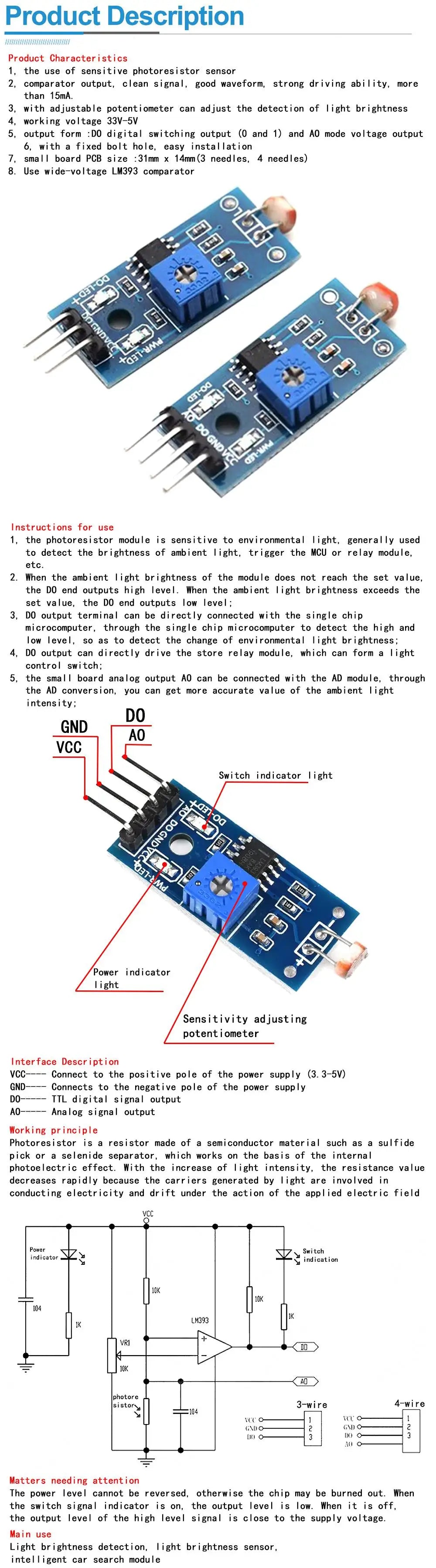 Photosensitive Light Intensity Sensor Module 3/4-Pin Photoresistor for Arduino