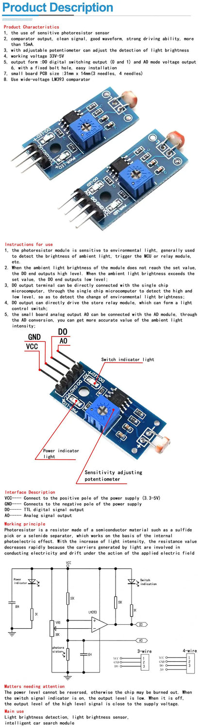 Photosensitive Light Intensity Sensor Module 3/4-Pin Photoresistor for Arduino