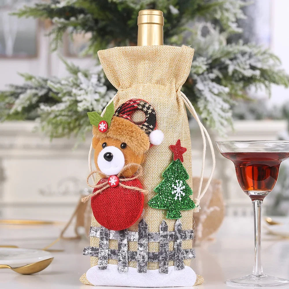 Creative Christmas Wine Bottle Cover Set Velvet Santa & Snowman Decor
