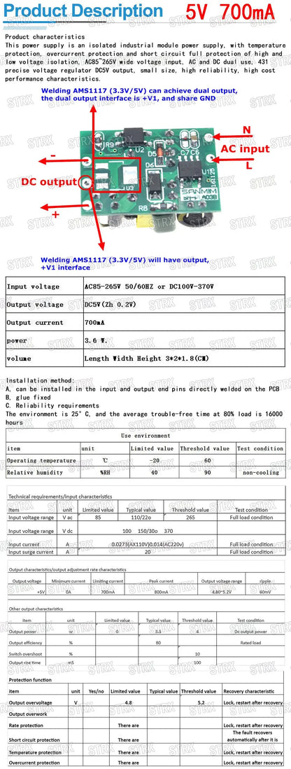 AC-DC Isolated Power Supply Module 220V to 5V 3.5W 12V 5W Buck Converter for Arduino