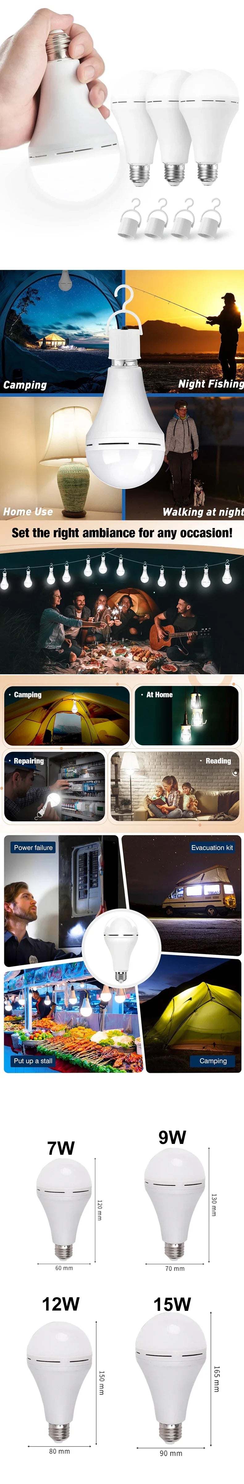 Portable E27 LED Bulb Lamps 9W 15W Rechargeable High Brightness LED Bulb Lights for Indoor Outdoor Camping Emergency Lighting