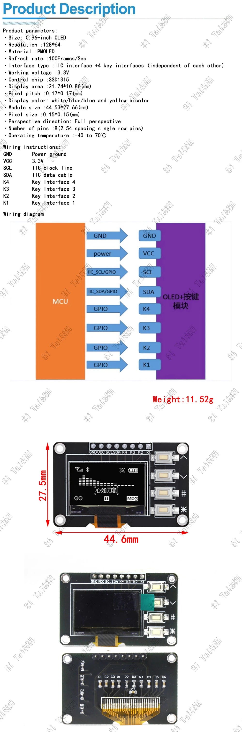 NEW product 0.96 inch OLED IIC White/YELLOW BLUE/BLUE 12864 OLED Display with 4x4 key I2C SSD1315 LCD Screen Board for Arduino