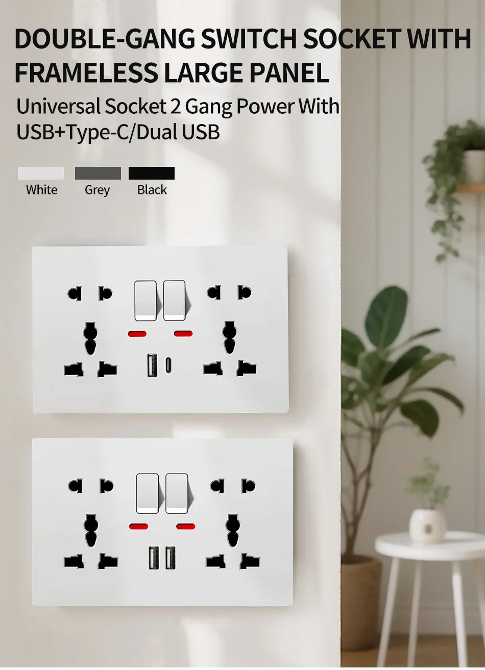 Universal Wall Socket 2-Gang Power Outlet with Switches, USB-C Charging Port, LED Indicator, Flush Mount, AC 110-250V