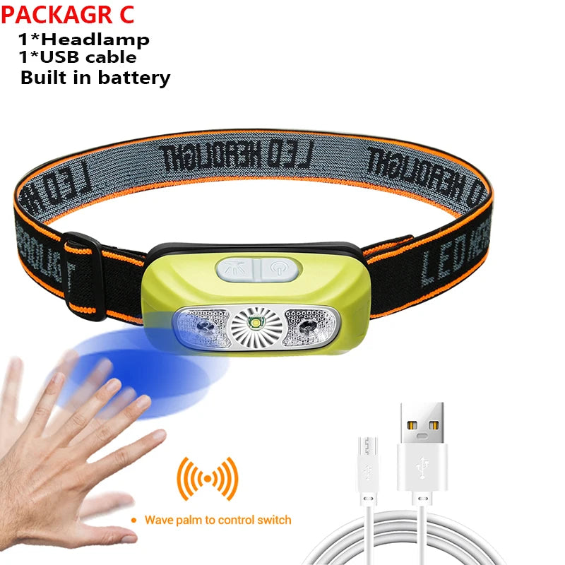 USB Rechargeable Sensor Headlamp LED Head Torch Built-in Battery Head Flashlight for Outdoor Camping Fishing Headlight Lantern