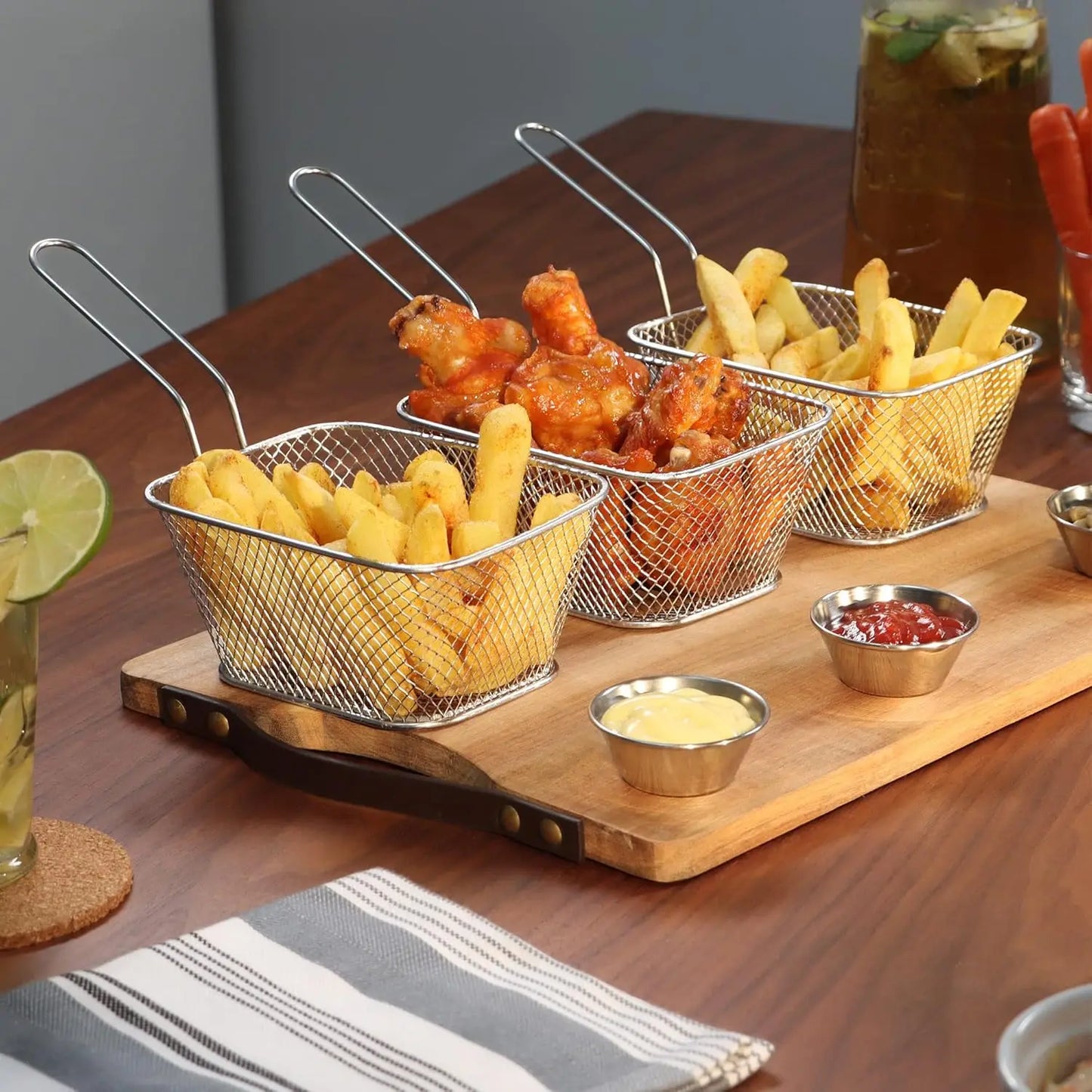 Mini Square Fry Basket Metal French Fries Chips Holder with Handle Desk Food Presentation Mesh Basket Kitchen Accessories Tools