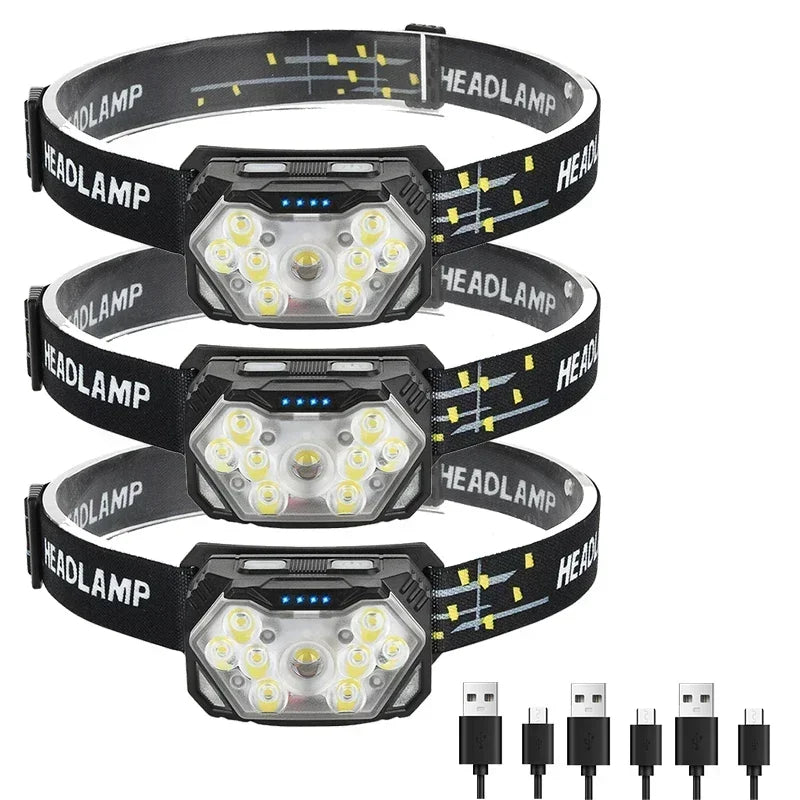 Powerful LED Sensor Headlamp USB Rechargeable Head Torch with Built-in Battery
