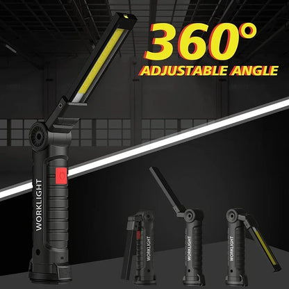 Folding COB XPE LED Work Light Flashlight USB Rechargeable Torch Magnetic Base & Hook, Emergency Car Inspection Lamp Red SOS