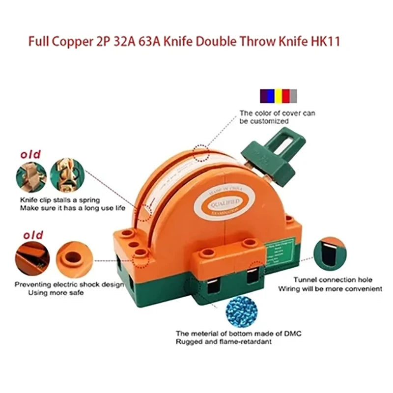 32A 63A 100A DPDT Cutter Safety Disconnect Switch  2 Pole Double Throw Knife Disconnect Switch Power Disconnect Switch