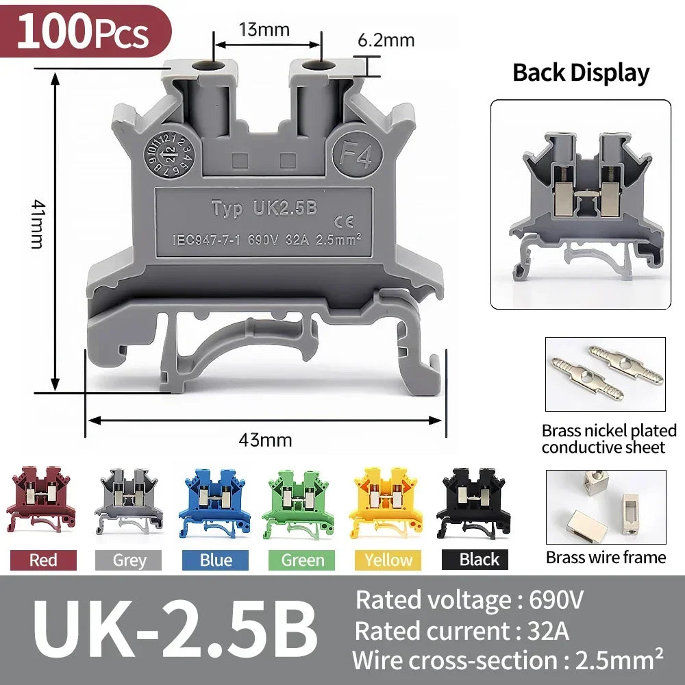 Premium Brass UK Screw Clamp Connector for Wiring DIN Rail Mounted UK1.5N 2.5B 3N 5N 6N 10N 16N 25N 35N 50N