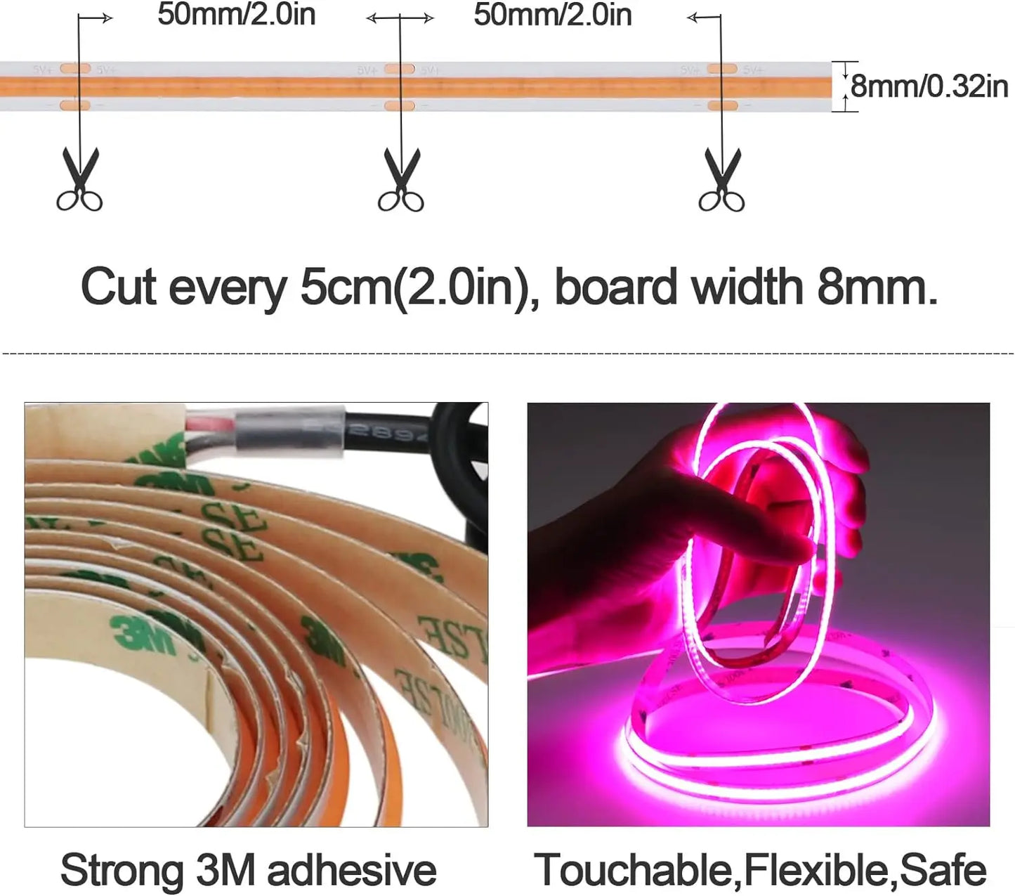DC 5V USB COB Strip 320Leds/M White/Blue/Pink/Yellow/Pink/Red Flexible Ribbon Rope Night Lamp TV Backlight LED Strip