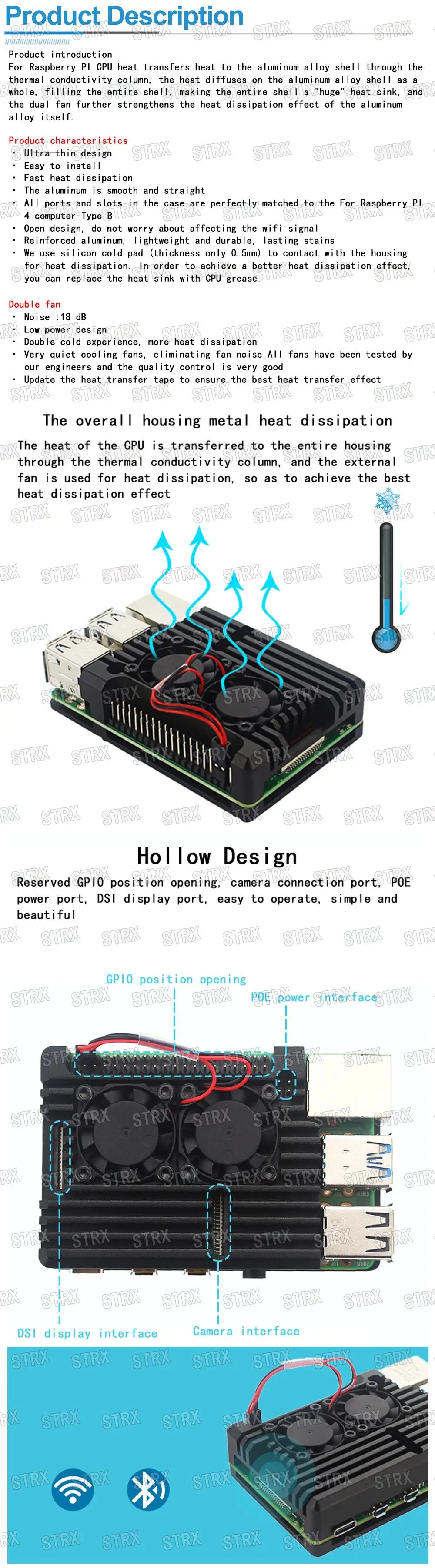 Raspberry Pi 4/3 Aluminum Case with Dual Cooling Fans Metal Enclosure for RPI