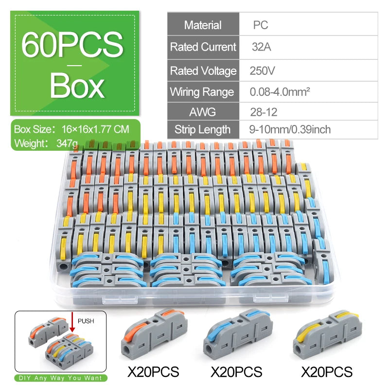 1 to 1 Inline Lever Wire Connector Kit Universal Compact Electrical Cable Terminal Block Spliceable Butt Junction Box 28-12 AWG