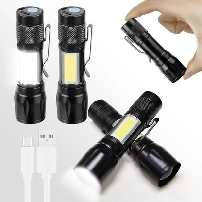 COB+XPE Mini LED Pocket Flashlight with Pen Clip Portable USB Rechargeable Torch Outdoor Zoomable Light Tactical Lantern Lamp