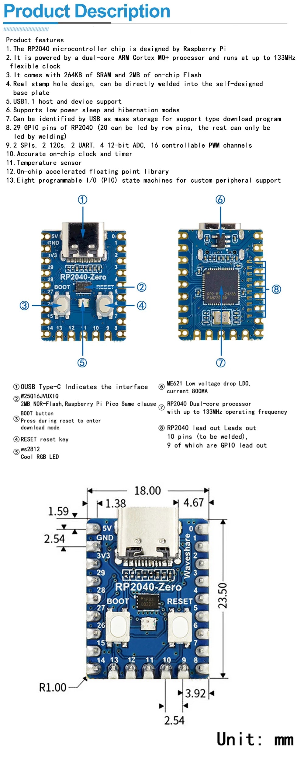Raspberry Pi PICO RP2040-Zero Mini Development Board – Dual-Core Cortex M0+ Microcontroller with 2MB Flash