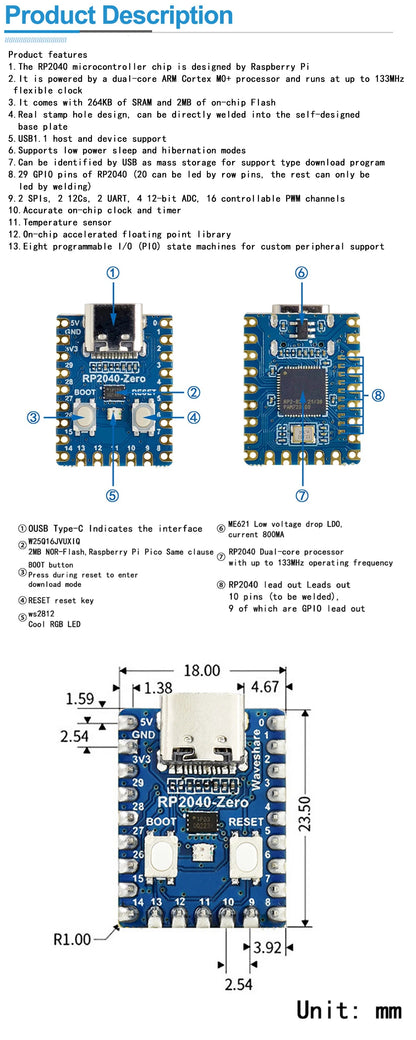 Raspberry Pi PICO RP2040-Zero Mini Development Board – Dual-Core Cortex M0+ Microcontroller with 2MB Flash
