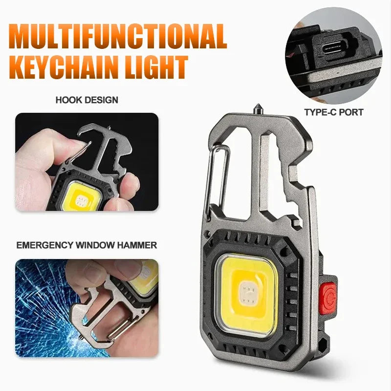 Mini Multifunctional Keychain LED Flashlight USB Rechargeable Portable Flashlight Outdoor Camping Torch Emergency Lantern 500Mah