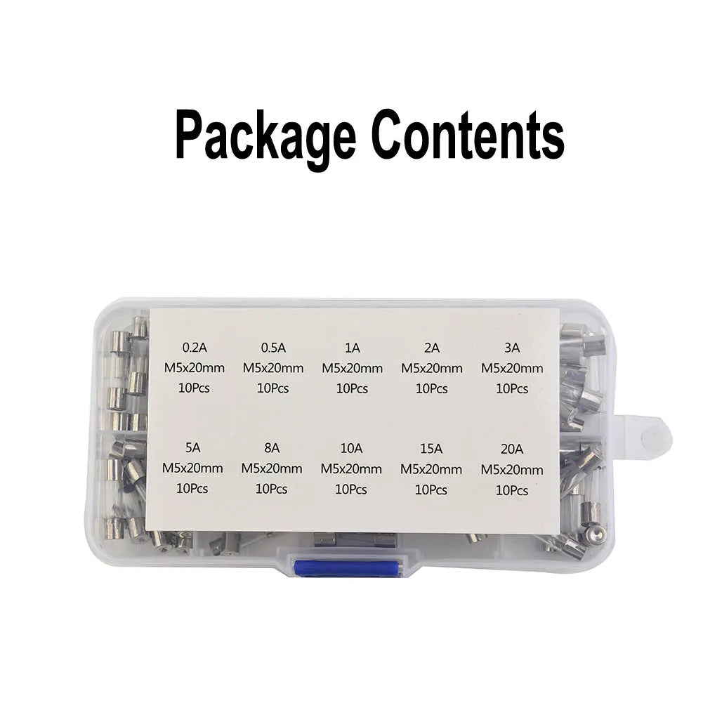 100pcs Insurance Tube Glass Fuses Kit Household 0.2A-20A 100pcs 16*12*2.1cm 250V High Quality Standard Fast Blow
