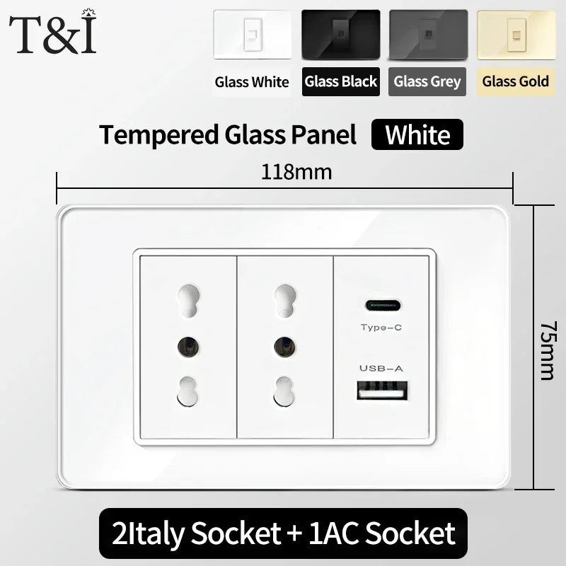 118x75mm Type-C Fast Charging Wall Socket Italy & Chile Schuko Outlet Tempered Glass Panel Type Switch