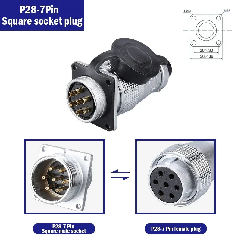 P28 Aviation Connector Square Flange Socket Male Female Circular Butt Joint 2/3/4/5/7/10/12/14/16/19/20/24 Pin P28K2Q PLS28