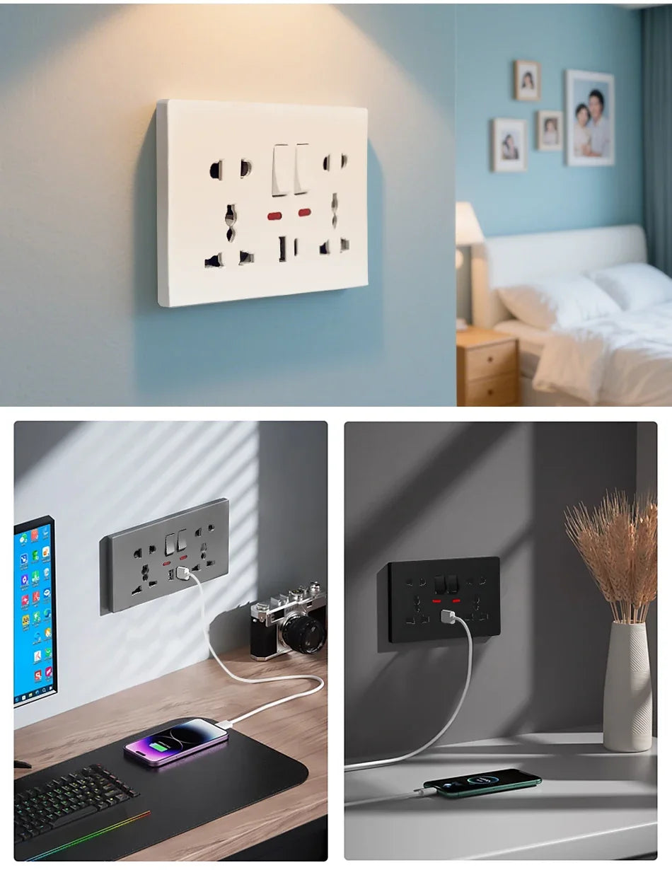 Universal Wall Socket with USB-C and USB Charger 2 Gang Power Outlet with Switch Flush Mount AC 110-250V