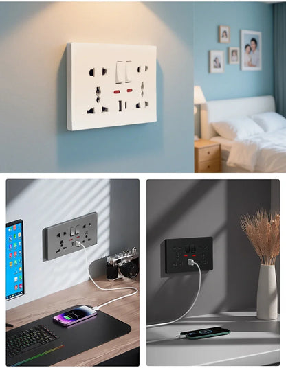 Universal Wall Socket 2-Gang Power Outlet with Switches, USB-C Charging Port, LED Indicator, Flush Mount, AC 110-250V