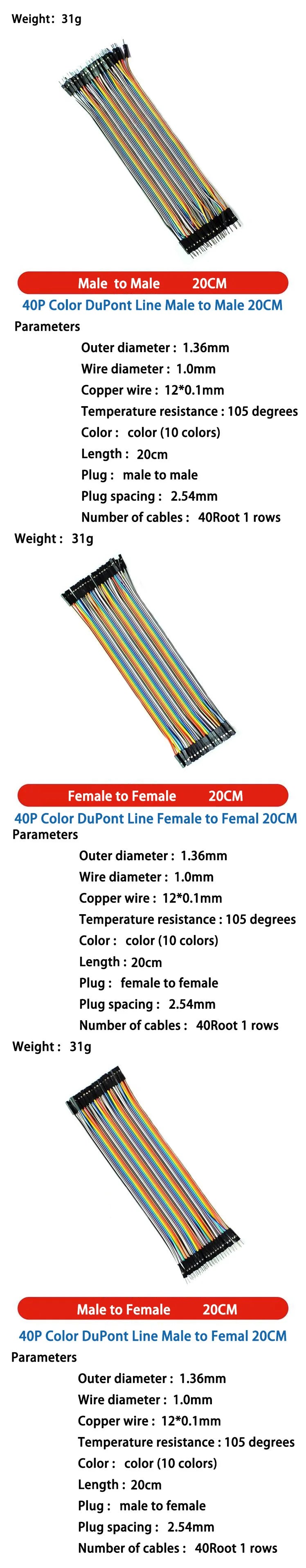 DuPont Jumper Wires Female to Female, Male to Female, and Male to Male