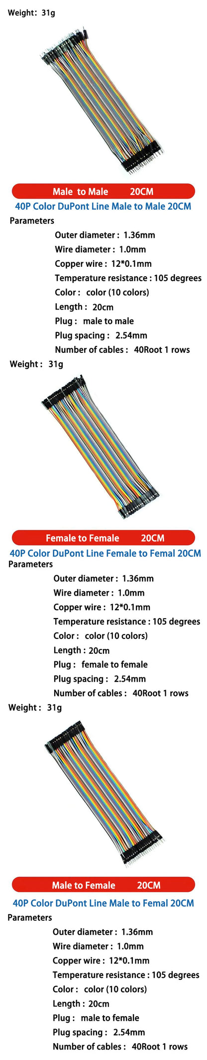 DuPont Jumper Wires Female to Female, Male to Female, and Male to Male