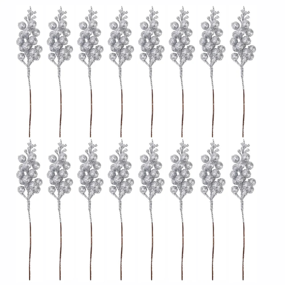 Christmas Artificial Berries Branch Glitter Red Holly Berry Flowers Bouquet Fake Plants New Year Party Festival Home Decoration