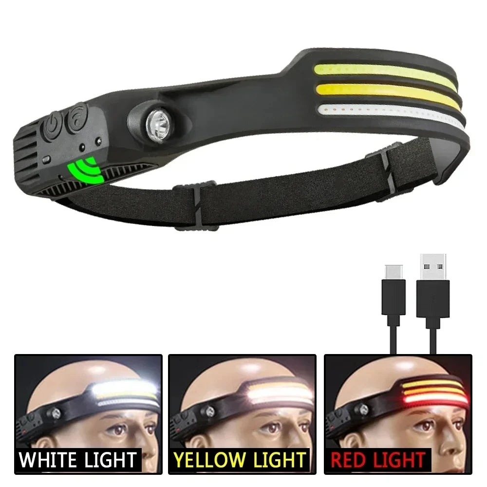 COB LED Headlamp 6000K 350 Lumens | 5 Modes, Motion Sensor, IPX4, 1200mAh Rechargeable | Climbing Running Cycling