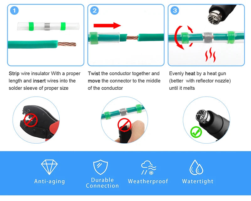 100/120 PCS Solder Seal Wire Connectors, Heat Shrink Butt Connectors, Waterproof Insulated Electrical Wire Terminals