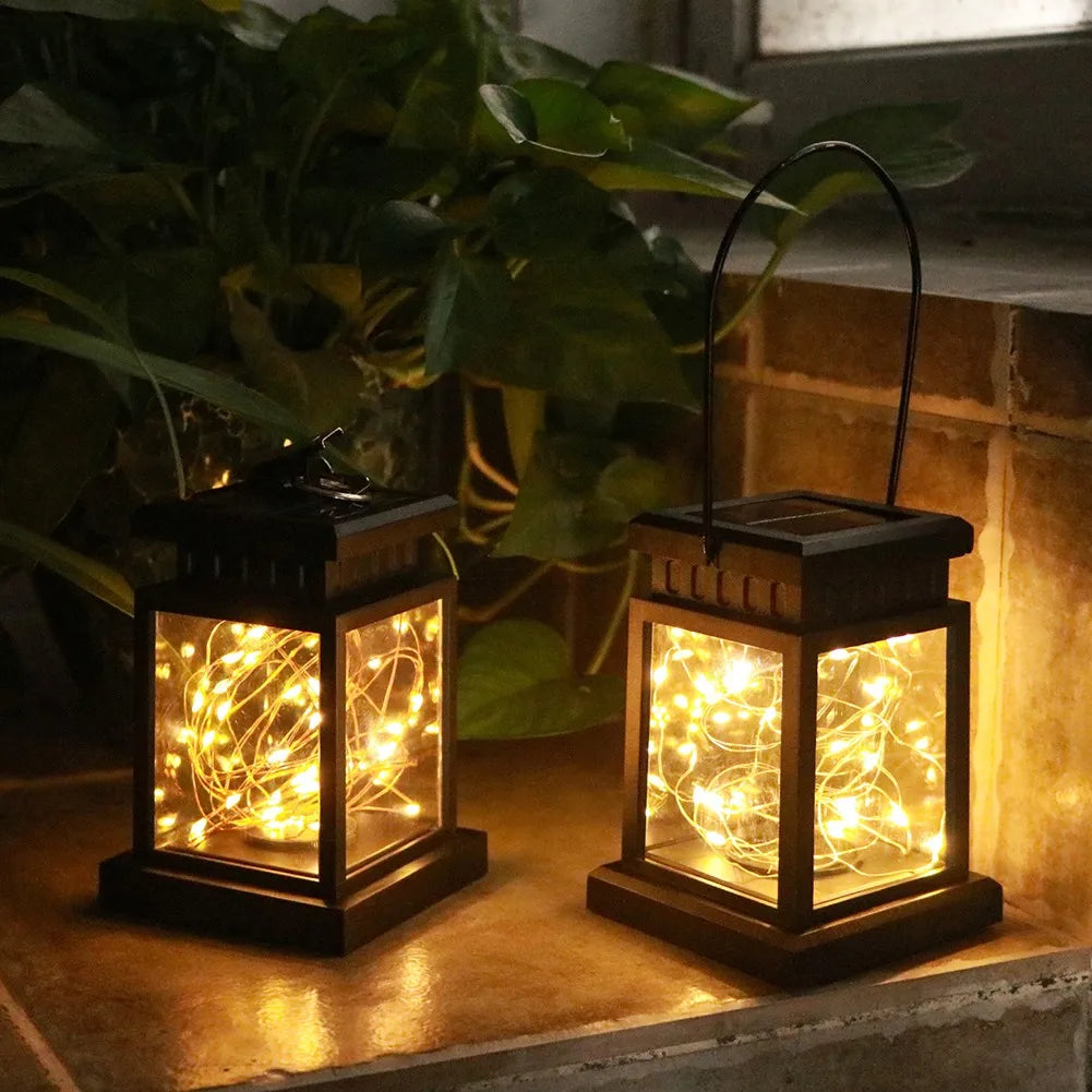 1pc LED Lantern Lamp Outdoor Garden Warm Light Waterproof Solar Powered Golden Copper Wire Hanging Lightweight
