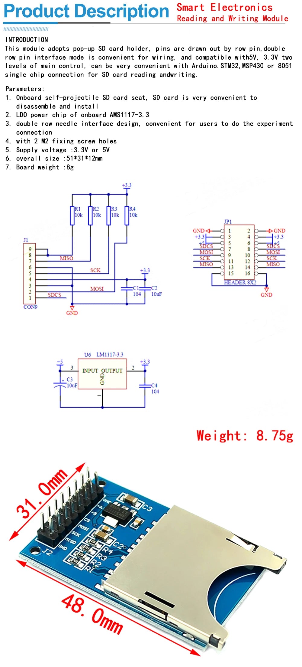 Micro SD TF Card Storage Expansion Module Shield with Pins for Arduino D1 Mini ARM AVR