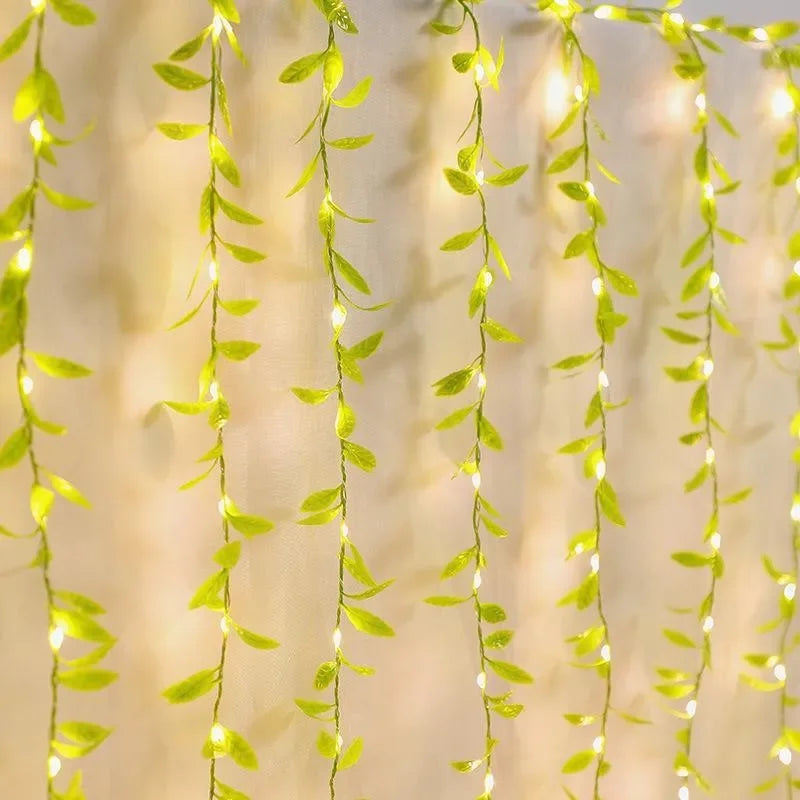 3x1M / 3x2M Green Leaf Curtain USB Fairy Lights with Remote for Window Christmas & Eid Decor