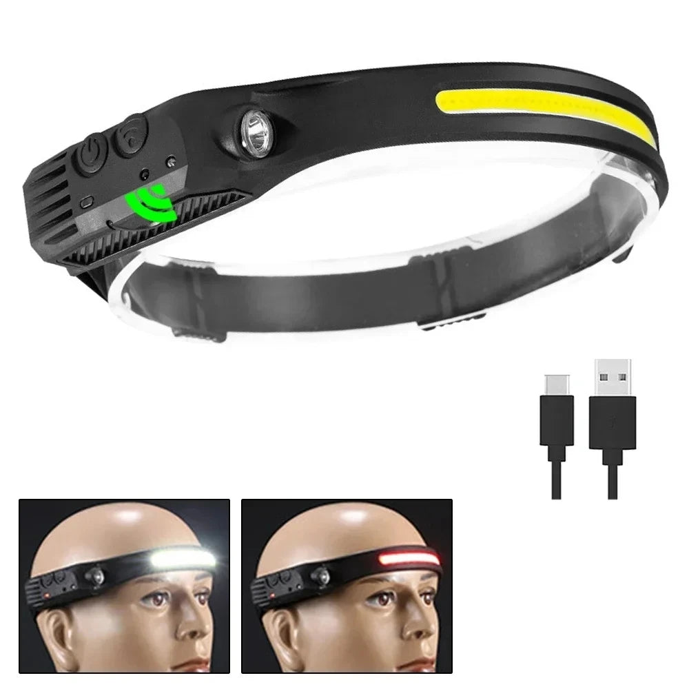COB LED Headlamp 6000K 350 Lumens | 5 Modes, Motion Sensor, IPX4, 1200mAh Rechargeable | Climbing Running Cycling
