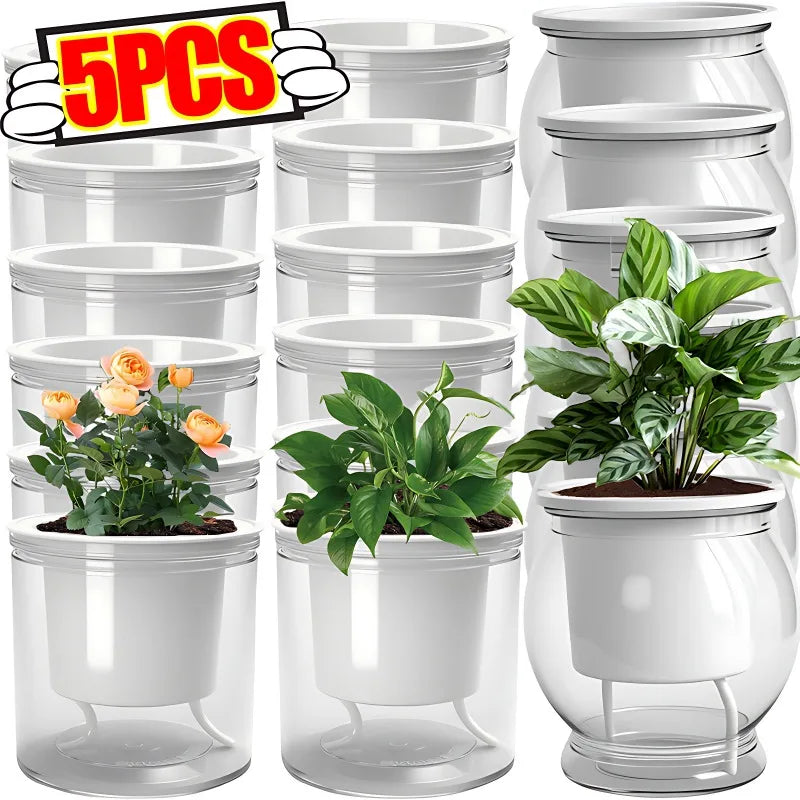 Self Watering Flower Pot Lightweight Transparent Round Resin Planter for Household Bedroom Plants Water Saving Lazy Garden Decor