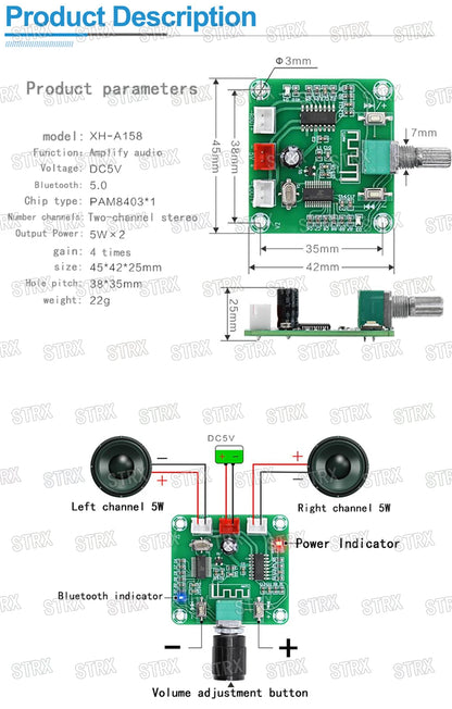 XH-A158 Bluetooth 5.0 PAM8403 5W×2 Mini Wireless Speaker Amplifier Board