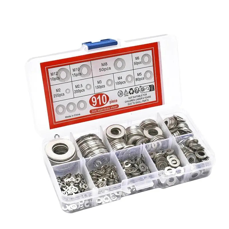 304 Stainless Steel Flat Washers Assortment Kit 910/200pcs — M2 M2.5 M3 M4 M5 M6 M8 M10 M12