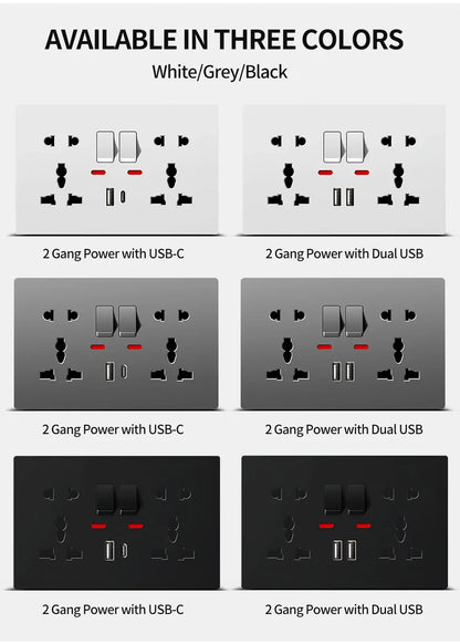 Universal Wall Socket 2-Gang Power Outlet with Switches, USB-C Charging Port, LED Indicator, Flush Mount, AC 110-250V