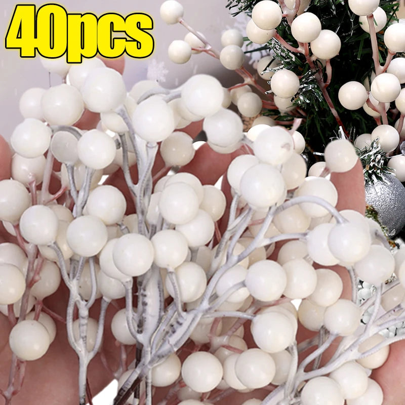 40/4PCS Artificial White Berries Stems Christmas Berry Branches Fake Fruit Flowers DIY Wedding Party New Year Home Decorations