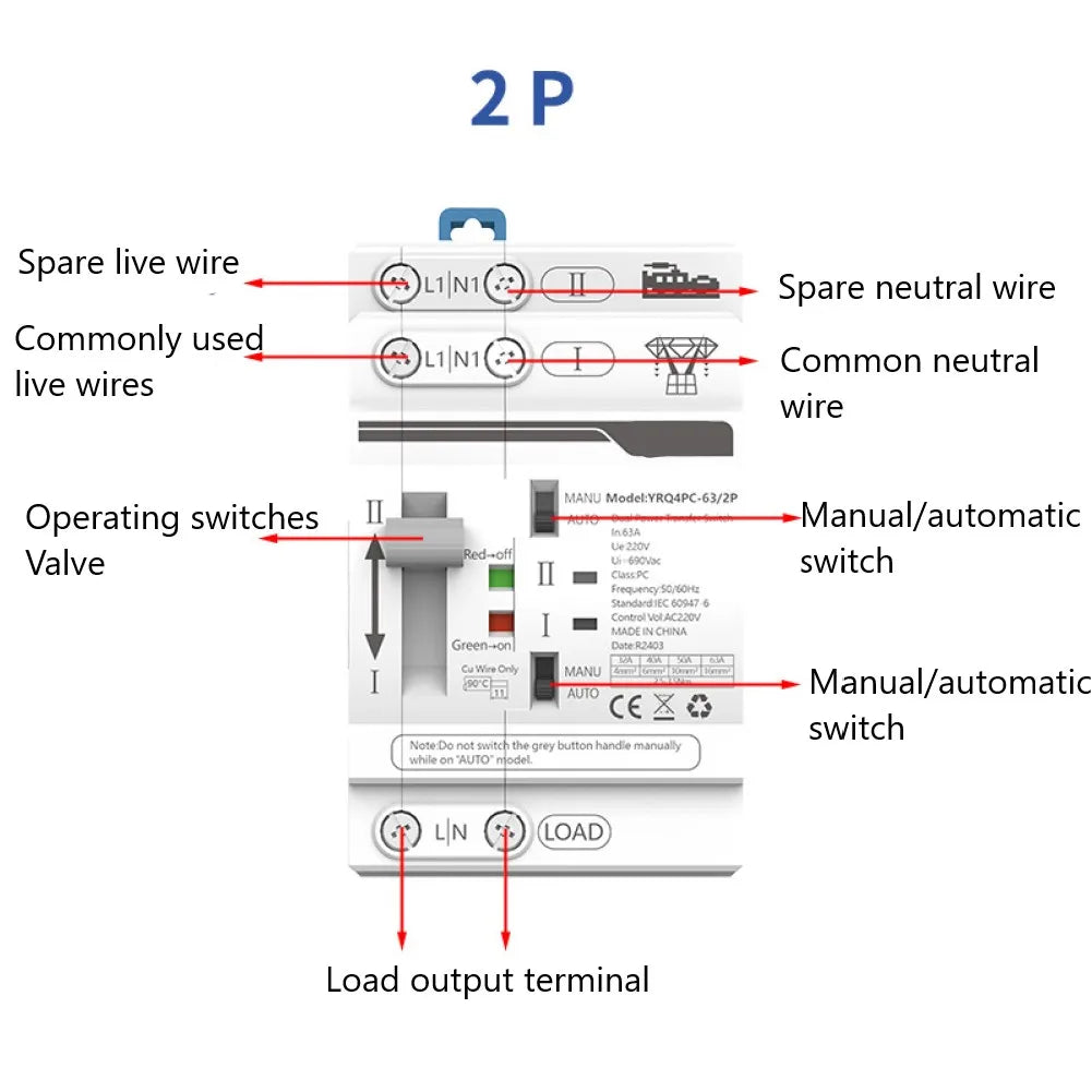 Dual Power Electrical Transfer Switch for ATS 2P 63A 220V Designed for Generator Use to Automatically Manage Power Sources