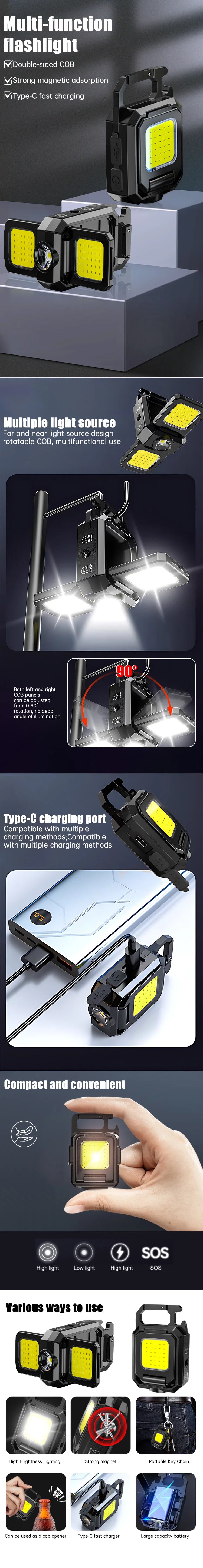 Mini LED Flashlight 1000LM USB Rechargeable COB Keychain Work Light