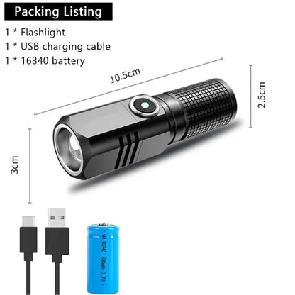Mini LED Flashlight Super Bright Zoom Tactical USB Rechargeable Torch