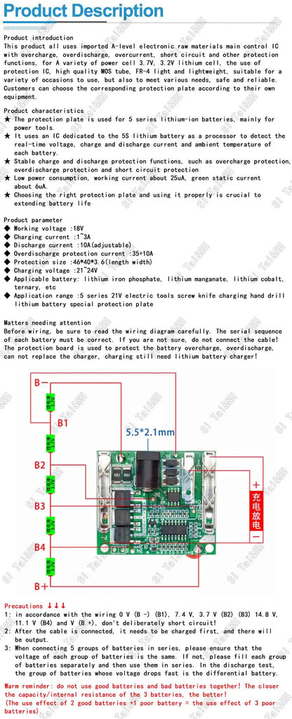Battery Charging Protection Board BMS Module 5S 18V–21V 20A for Li-Ion Power Tool Packs